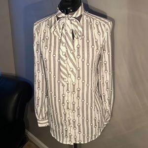 Grey and white long sleeve, tie neck blouse